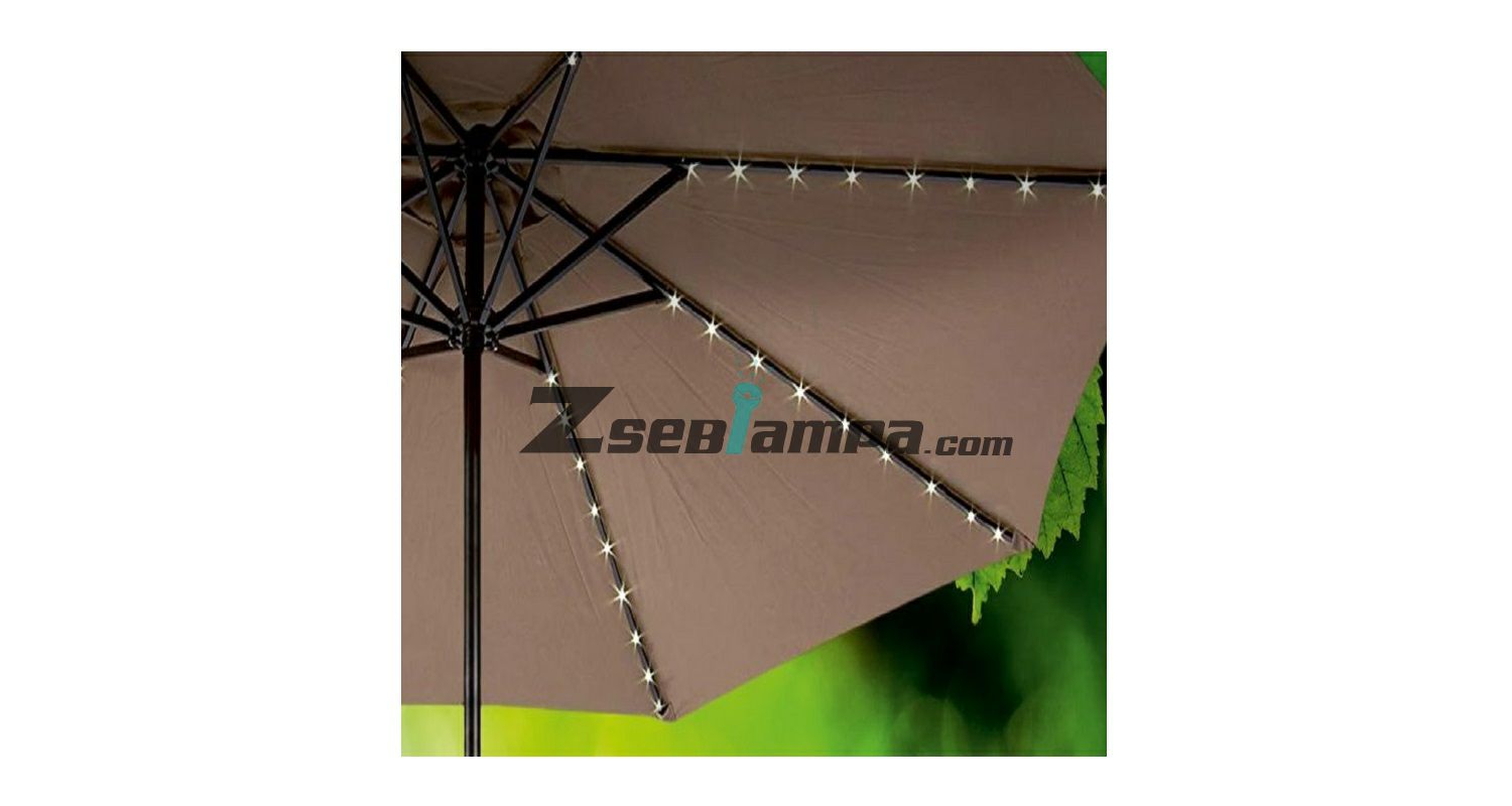 Fényfüzér kerti napernyőhöz, 72 db meleg fehér fényű led, napelemes