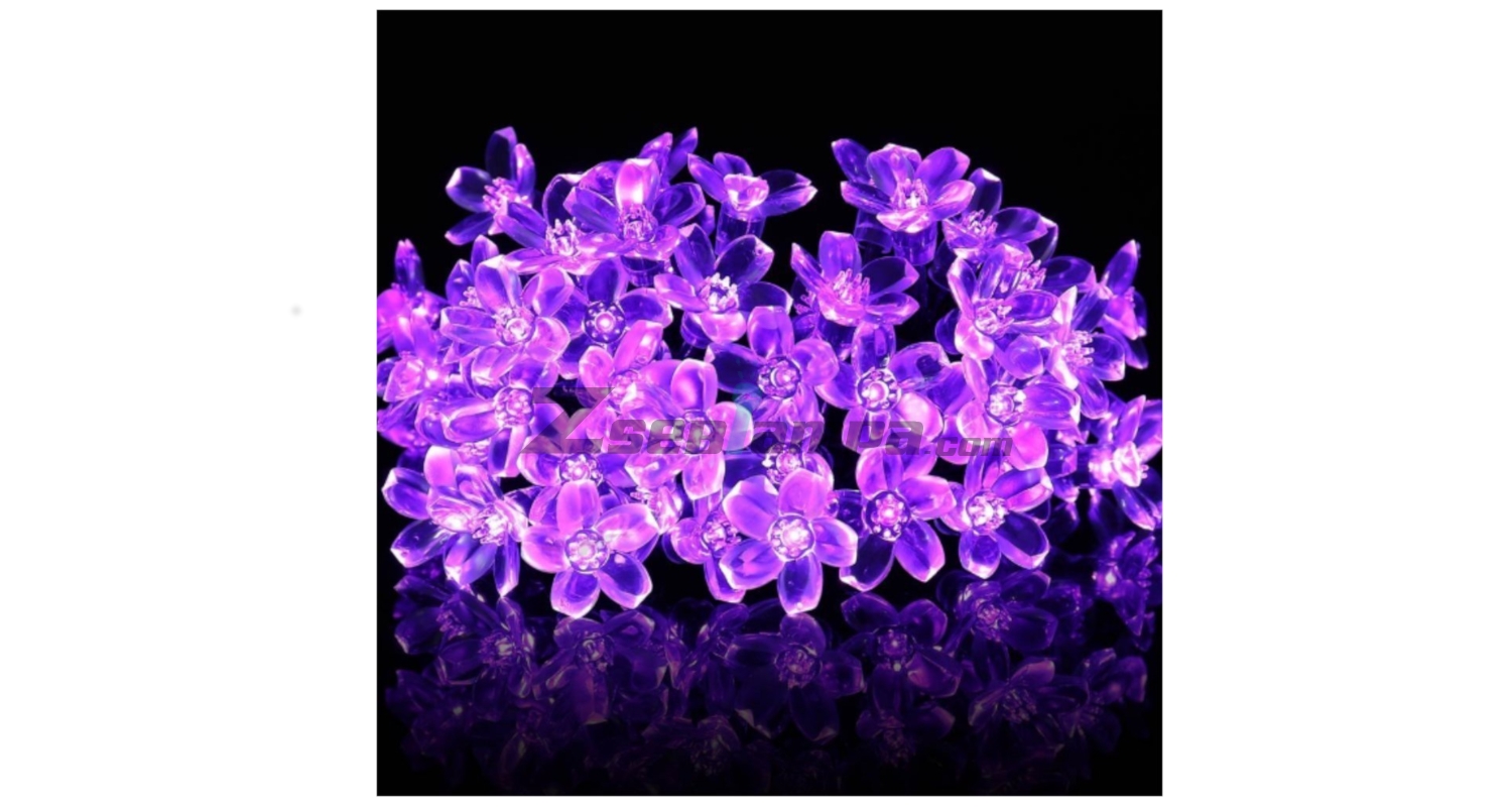 Napelemes lila fényű 50 LED-es cseresznyevirág fényfüzér