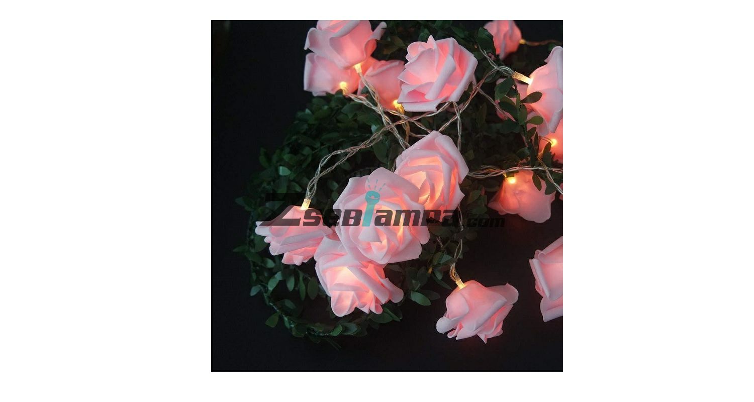 Rózsaszín rózsacsokor fényfüzér, 20 db meleg fehér fényű LED, elemes 01